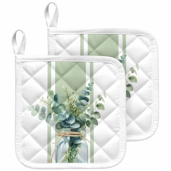Sage Green Eucalyptus Leaves Pot Holders for Kitchen Heatproof Potholder, 2 Pack Farmhouse Stripe Botanical Hot Pads Multipurpose Oven Pads Cloth Potholders Trivet for Cooking and Baking