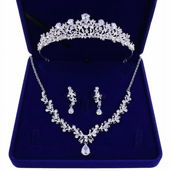 BOOYOU Bridal Crystal Necklace Dangle Earrings Crown Tiara Jewelry Set for Wedding
