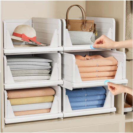 6 Pack Folding Closet Organizers Storage Box, Stackable Storage Basket, Closet Organizers and Storage Drawer Shelf Storage, Storage Container for Cupboard Kitchen Bathroom Bedroom (6L) White C33