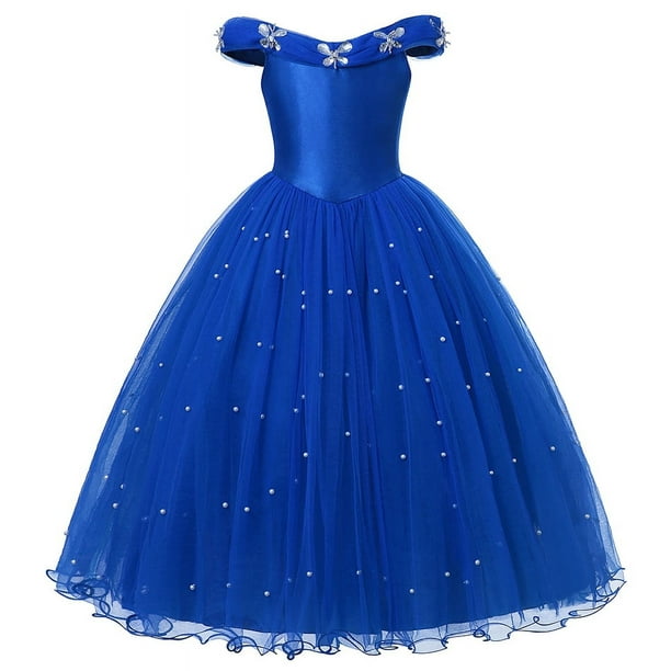 Elegant Dark Blue Party Dress Girls Fancy Sapphire Princess Cinderella Ball  Gown Off Shoulder Prom Frock Kid Pearl Embellished