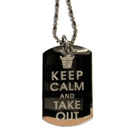 Keep Calm and Take Out Chinese Food Container - Military Dog Tag, Luggage Tag Metal Chain Necklace