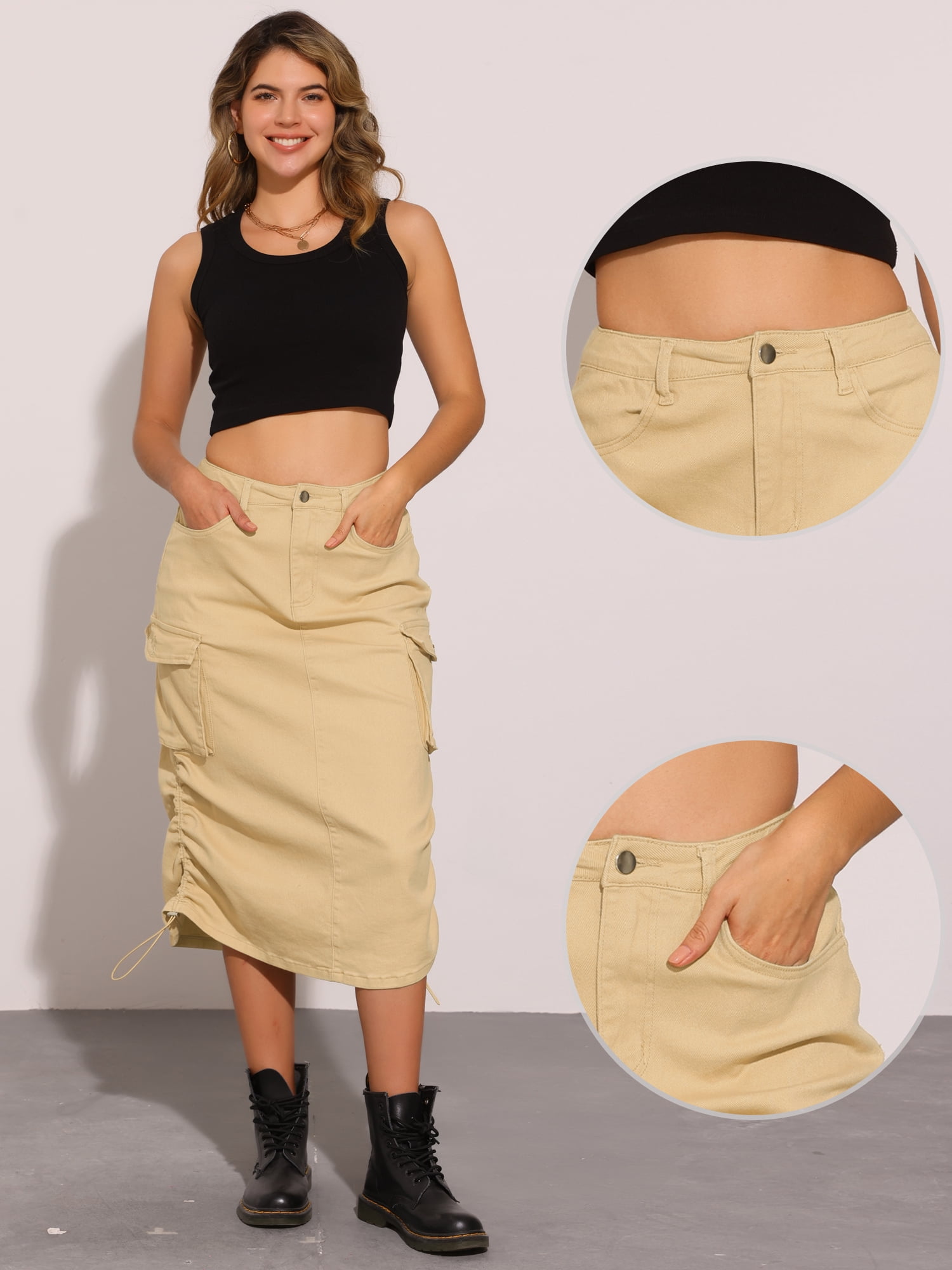DARING DIVA Women's Y2K Adjustable Casual A-Line Midi Jean Skirt M Light Khaki