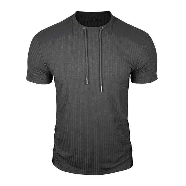 Mens Casual Manga Corta Botón Abajo Camisas Cuello Redondo Sólida Camisa de Parche para Al Aire Libre, Casual, Uso Diario