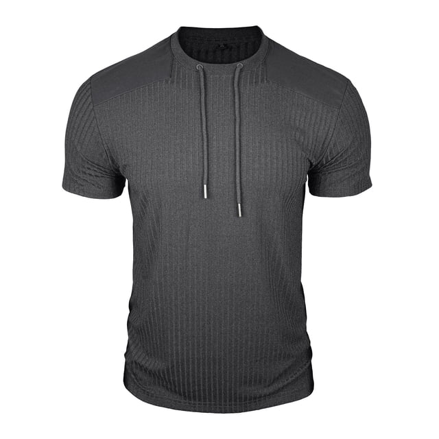 Mens Casual Manga Corta Botón Abajo Camisas Cuello Redondo Sólida Camisa de Parche para Al Aire Libre, Casual, Uso Diario