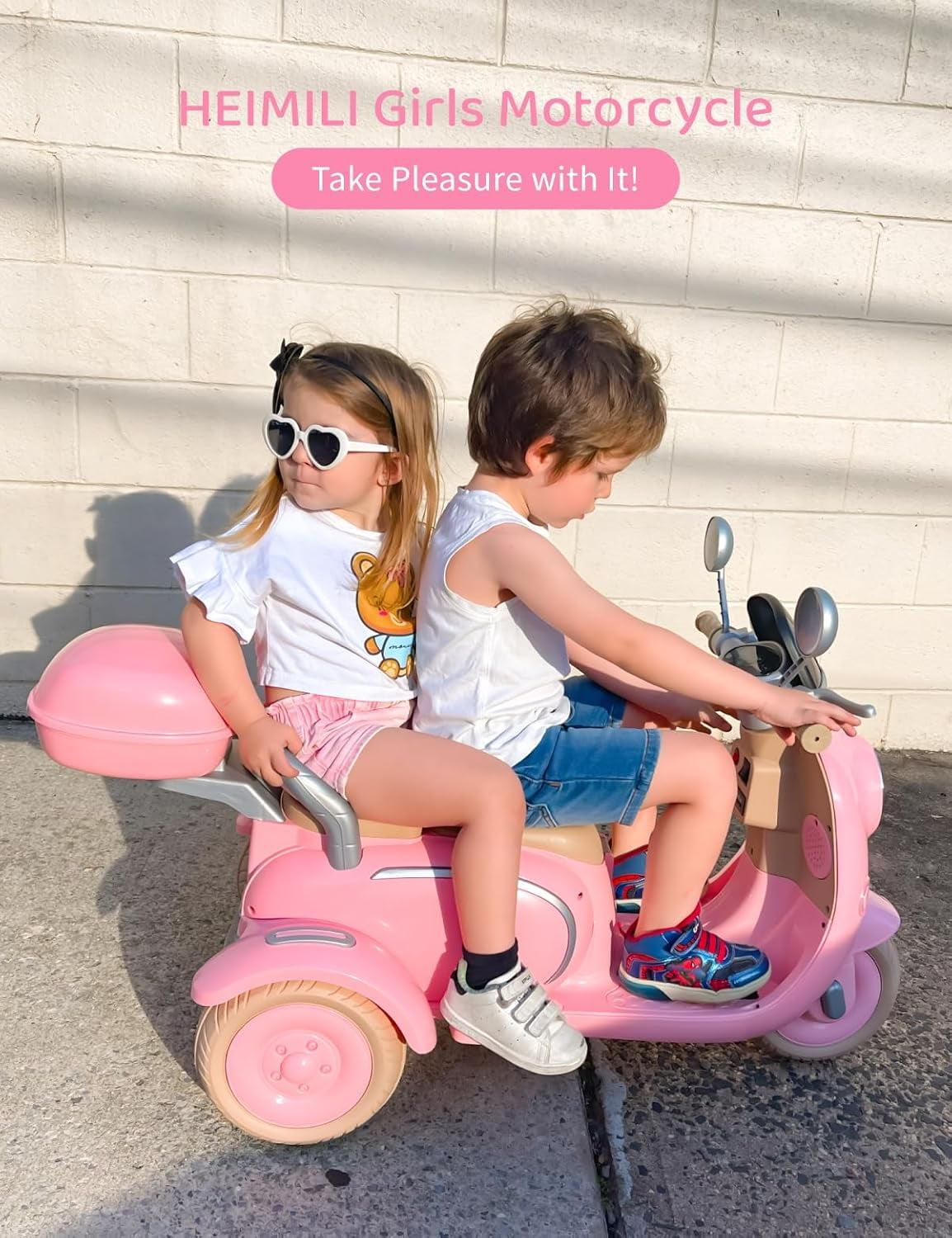 TCARAIWEN Girls Electric Motorcycle, 2 Seats Kids Motorcycle,12V Ride On Scooter for Kids with Storage Compartments, Cute Design with Stable 3-Wheel Structure, Ideal Moped for Girls Ages 3-6 (Pink)