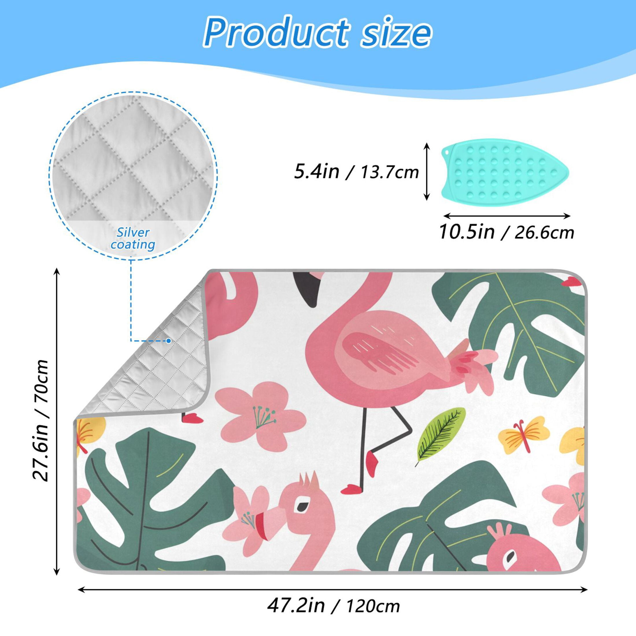 Cartoon Flamingos Flowers Butterflies Leaves Ironing Mat Blanket Portable Travel Ironing Pad Heat Resistant Pad 47.2" x 27.6”