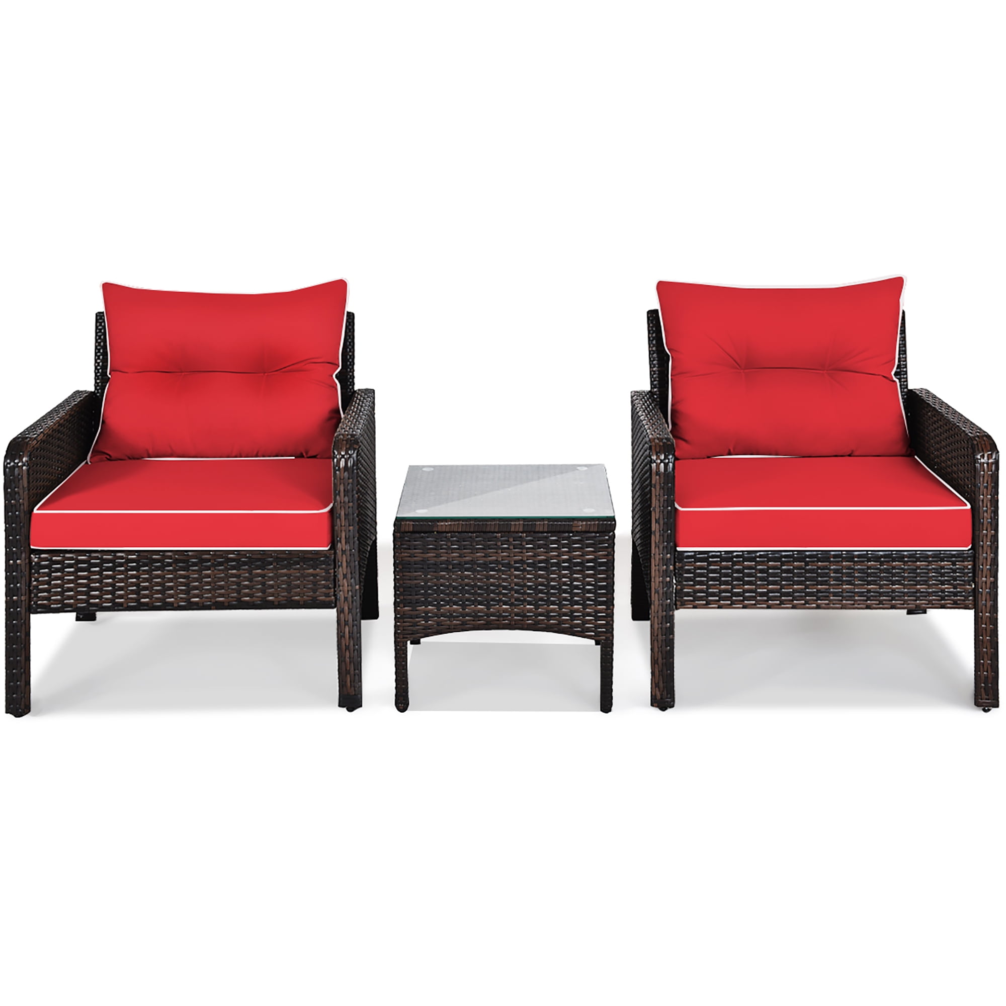 Costway 3PCS Outdoor Rattan Conversation Set Patio Furniture Cushioned Sofa Chair Red