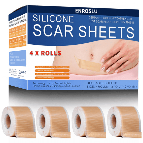Enroslu 4 Rolls Silicone Scar Sheets, Silicone Scar Tape for Scar Treatment, Medical Grade Silicone Scar Strips for Acne, Burn Scars C-Section, Keloid Surgery Scars Sheets