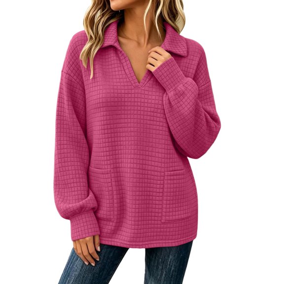 Women’s Waffle Collar Sweatshirt, Oversized Pullover Long Sleeve Sweatshirt, Fall Fashion Sport Casual Tops with Pockets