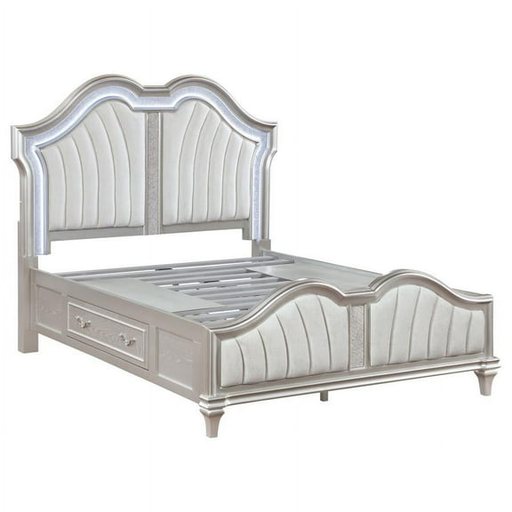 Evangeline Queen Storage Bed with LED Headboard Silver Oak and Ivory