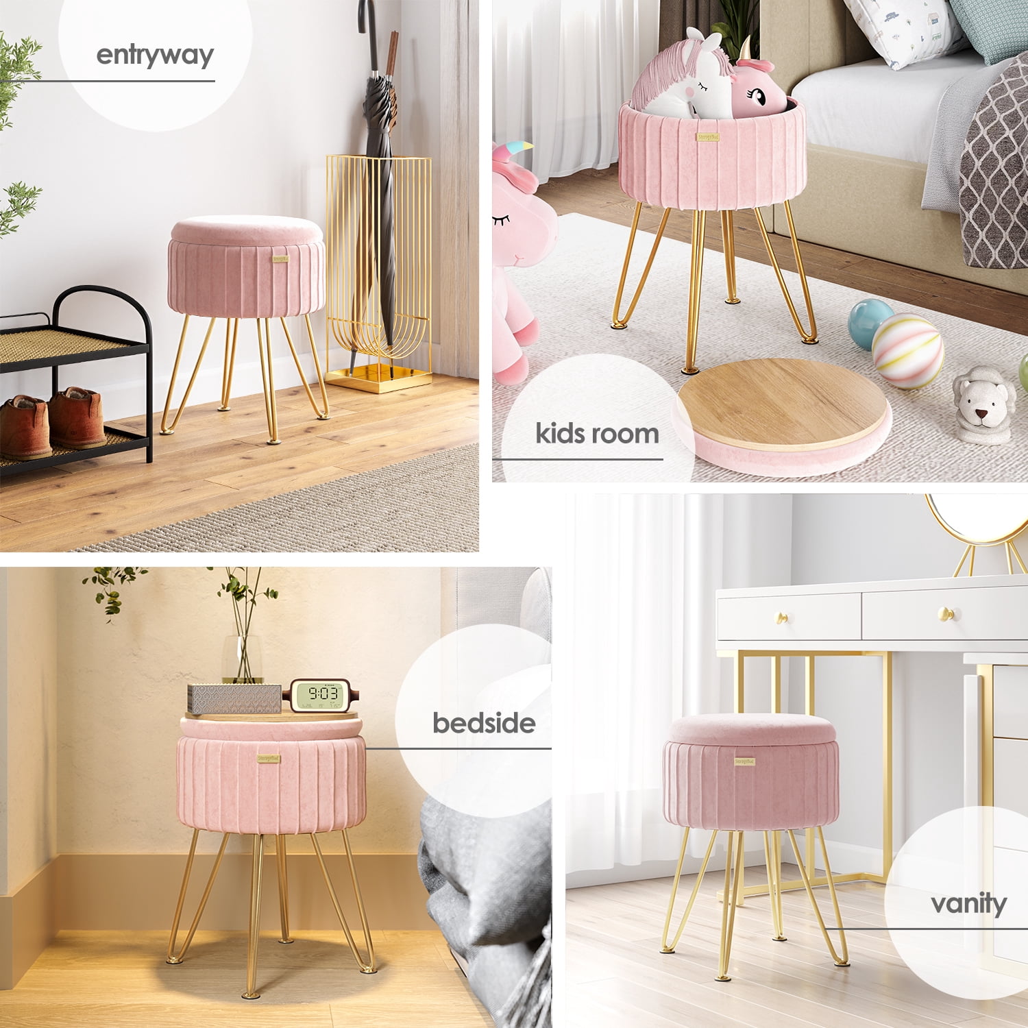 LammaLoe Small Round Ottoman with Storage, Pleated Velvet Ottoman Foot Stool with Lid, Upholstered Vanity Stool for Living Room & Bedroom, Pink