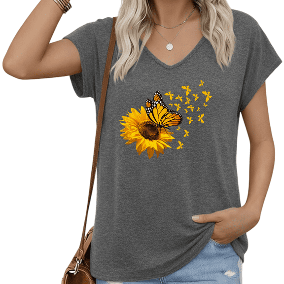 UNISHE Women Heather Grey V Neck Short Sleeve T Shirt Sunflower Butterfly Graphic Casual Loose Fit Tee S-5XL