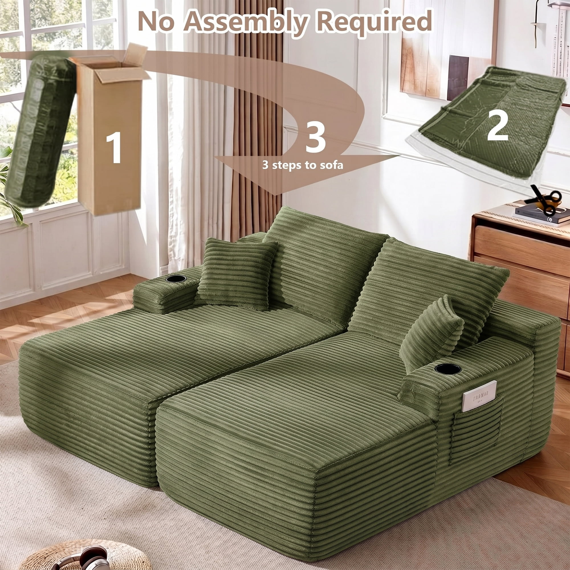 Aukfa 69" Oversized Double Chaise Lounge Boneless Couch Modular Loveseat Sleeper Sofa Bed for Living Room, 2 Cup Holders, Corduroy, Green