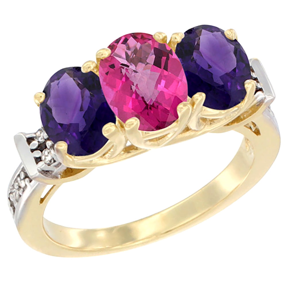 10K Yellow Gold Natural Pink Topaz & Amethyst Sides Ring 3-Stone Oval Diamond Accent, sizes 5 10 by WorldJewels