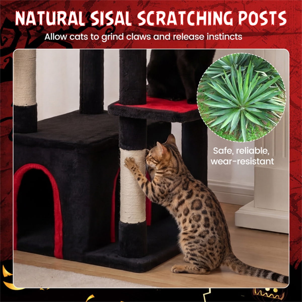 Gothic 5-Level Cat Tree 63" Tall with Sisal Scratching Posts Black Red Cat Tower
