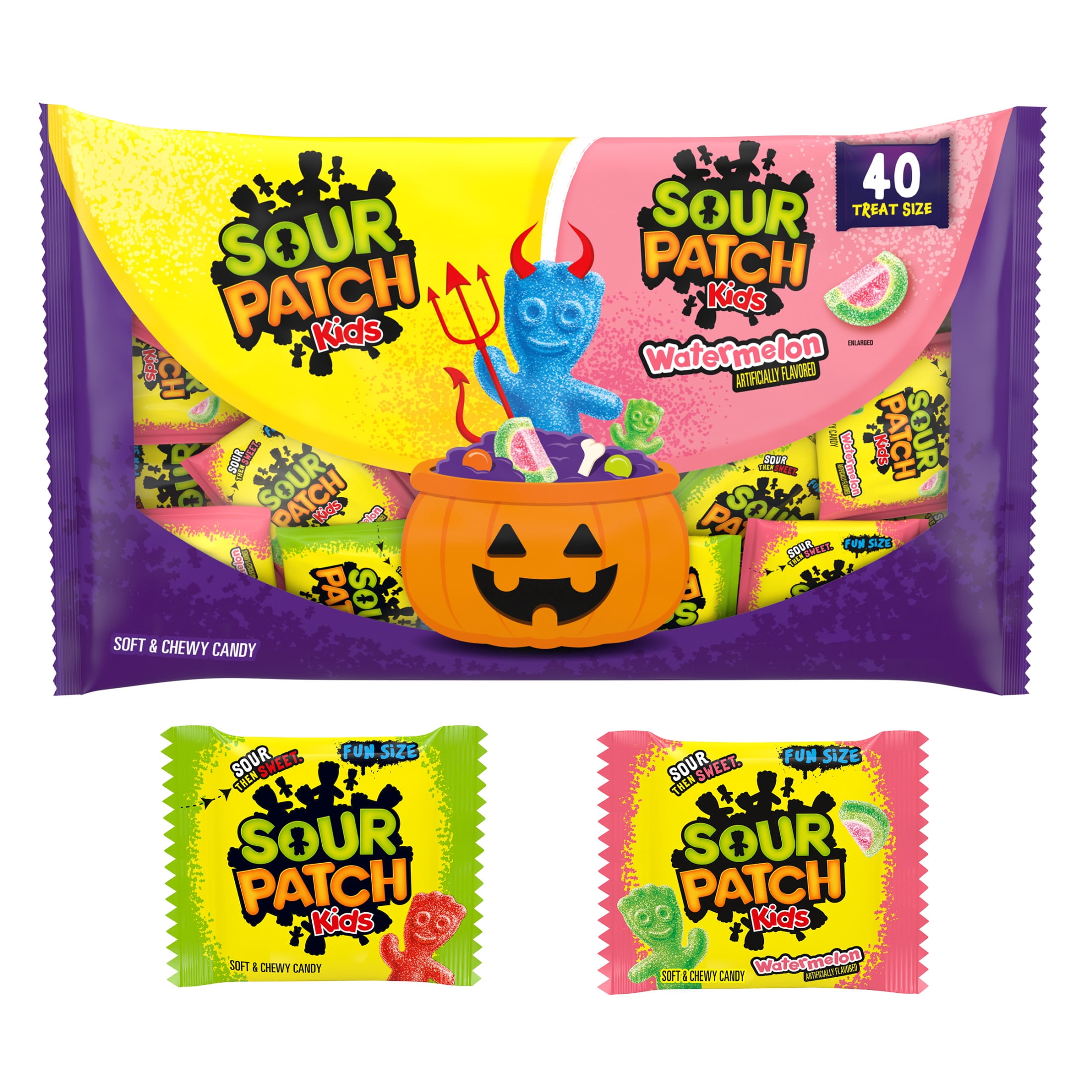 (2 pack) SOUR PATCH KIDS Original & Watermelon Halloween Candy Variety Pack, 40 Trick or Treat Bags