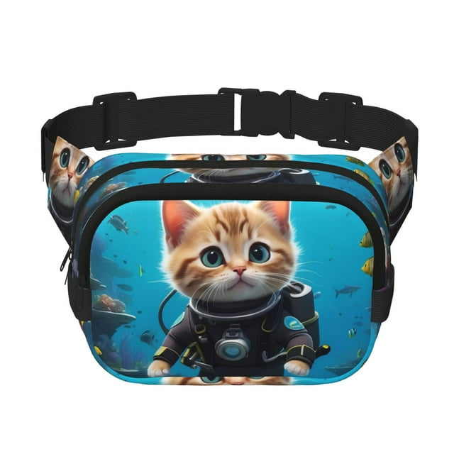 Adobk Sac de Taille Double Couche Motif Chat Plongée sous-Marine pour Extérieur, Voyage, Sports - Sangle de Taille Réglable, Poches Zippées Durables