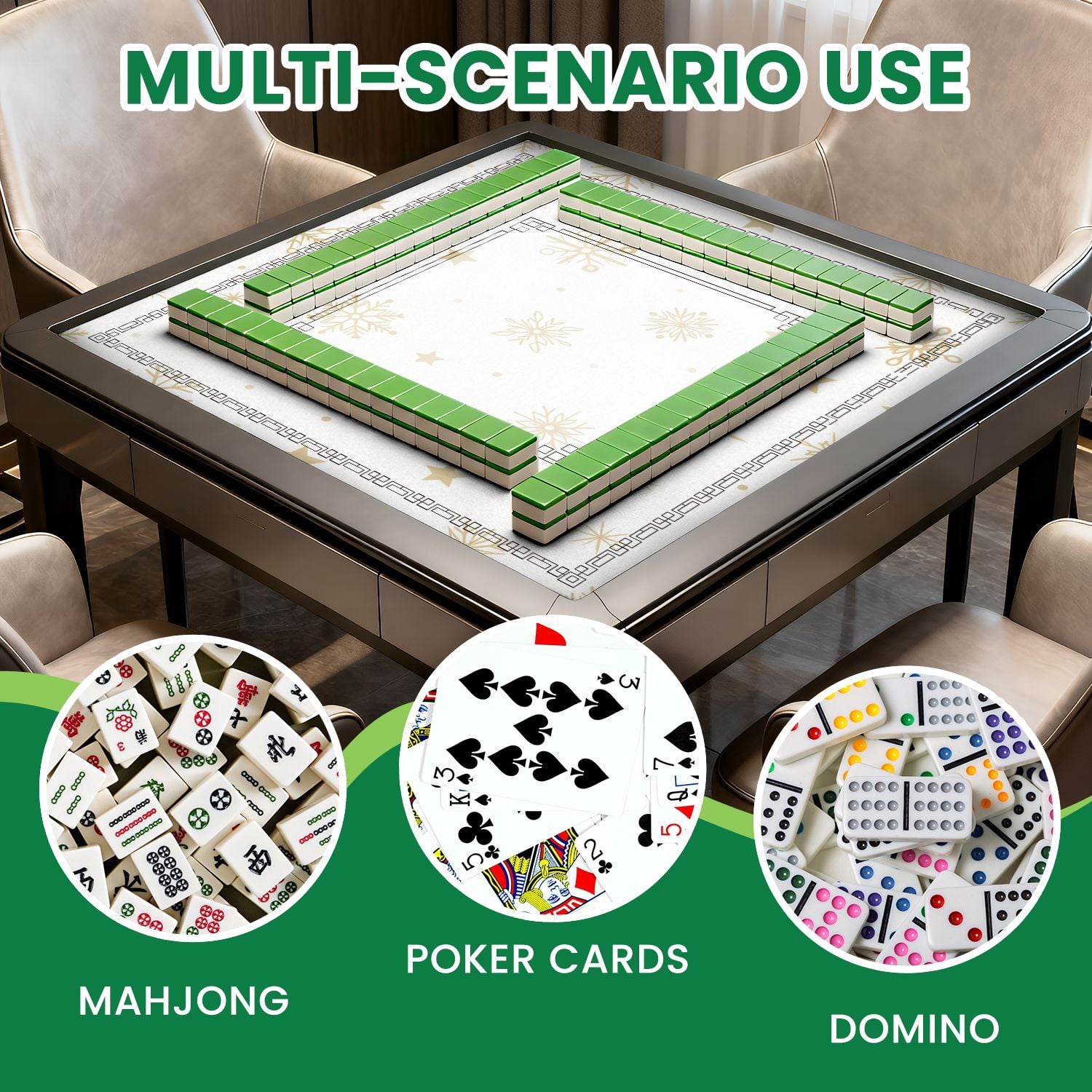Mahjong Mat 31.5" x 31.5" Golden snowflakes stars white Holiday Seamless Non-Slip Noise Reduction American Mahjong Tiles Table Cover for Dominoes Poker Card Board Games Gift