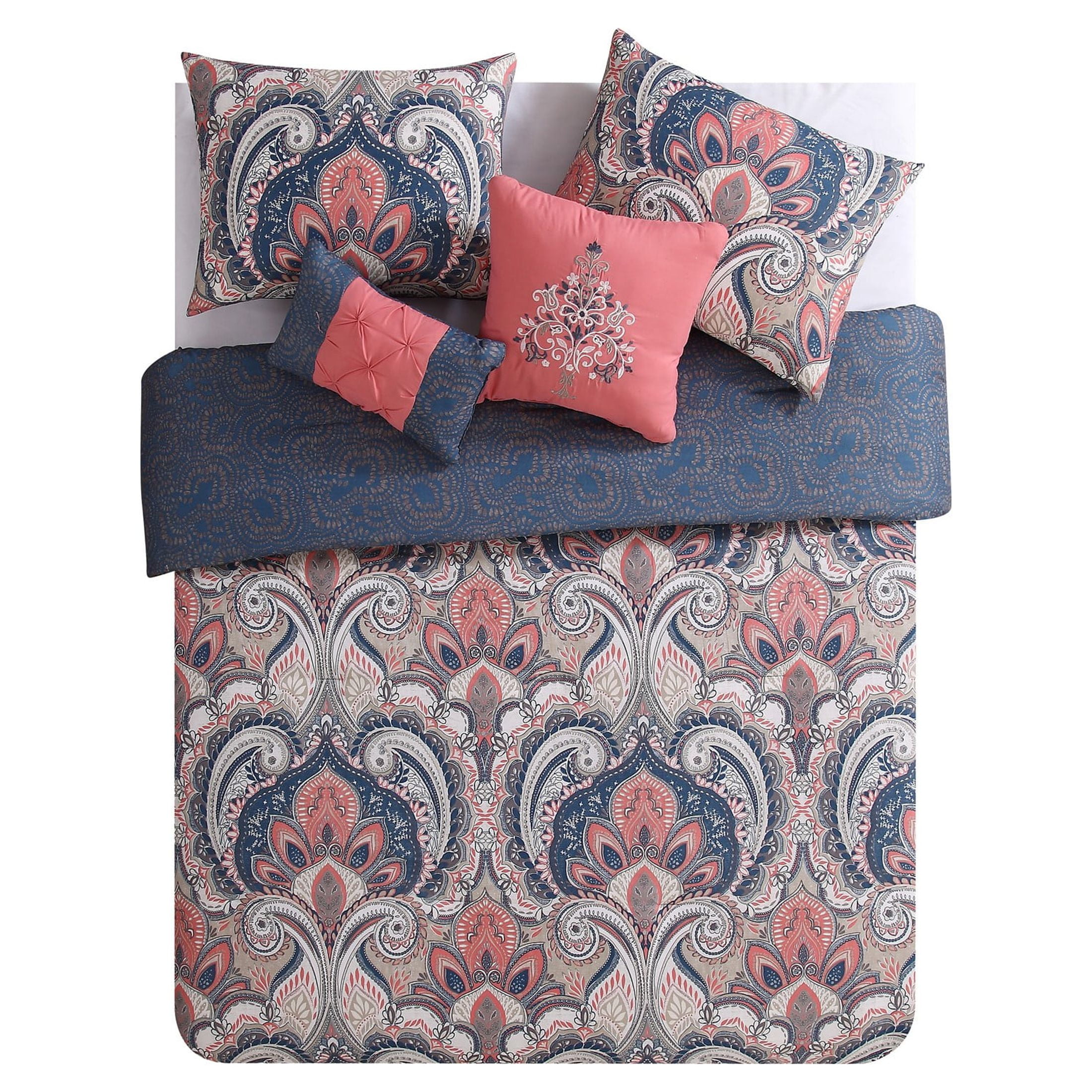 VCNY Home Casa Real 5-Piece Coral Damask Reversible Comforter Set, King, Adult, Unisex