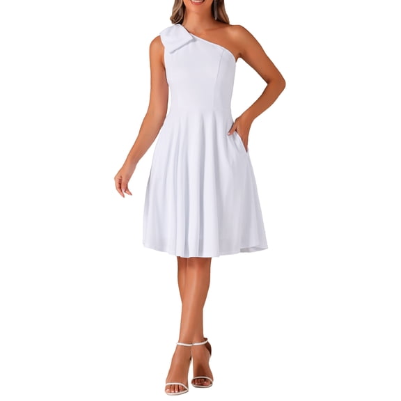 INSPIRE CHIC Style Women's Dress Bow One Shoulder Strapless A-Line Flared Party Dress with Pockets White M