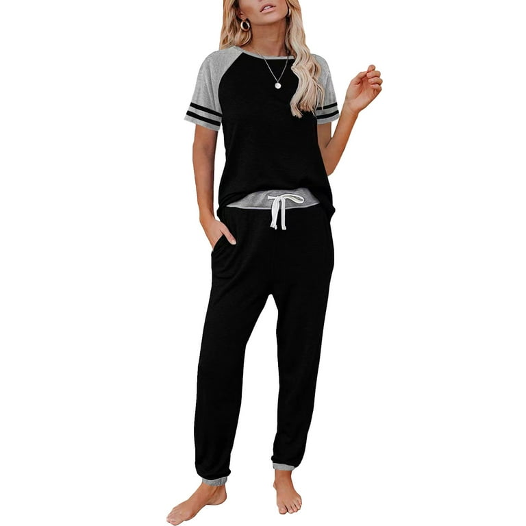 JDEFEG Camping Clothes for Women Womens Pajamas Set Short Sleeve Color  Block Sleepwear Tops with Long Pants Set Nightwear Sleepwear Top  Polyester,Spandex,Cotton Black L 