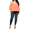 thumbnail image 2 of Women's Plus size Solid 3/4 Sleeve Blouse with Puff Sleeves and Lace and Pearl Accent, 2 of 5