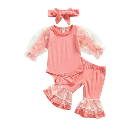 

Sunisery 3 Pcs Newborn Daisy Print Outfits Baby Girls Mesh Patchwork Lace Puff Sleeve Romper Playsuit Flared Pants Headband