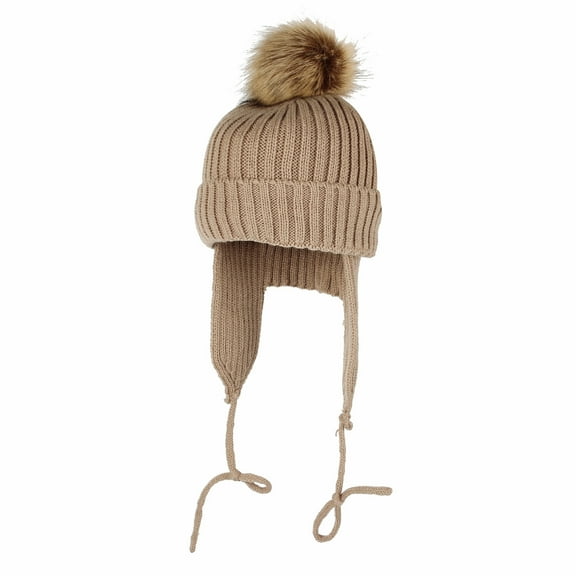 WITHMOONS Ribbed Knit Beanie Velour Lining Hat Pom Earflaps Cap BZ70012 (Brown)