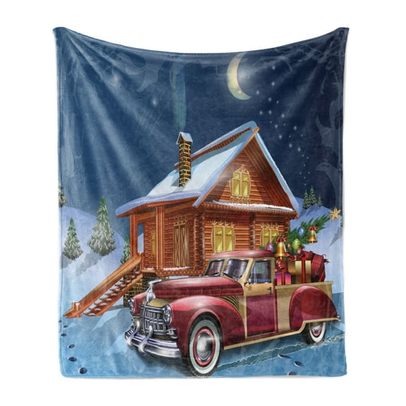 Christmas Soft Flannel Fleece Throw Blanket, Wooden Lodge Classic American Truck and Tree Gifts Starry Sky Winter Snow, Cozy Plush for Indoor and Outdoor Use, 70" x 90", Multicolor, by Ambesonne