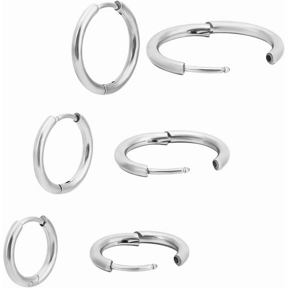 24Pcs 3 Sizes 316L Surgical Stainless Steel Hoop Earrings for Women Men Huggie Hoop Earrings Cartilage Earrings Set (14/16/18MM) Gray