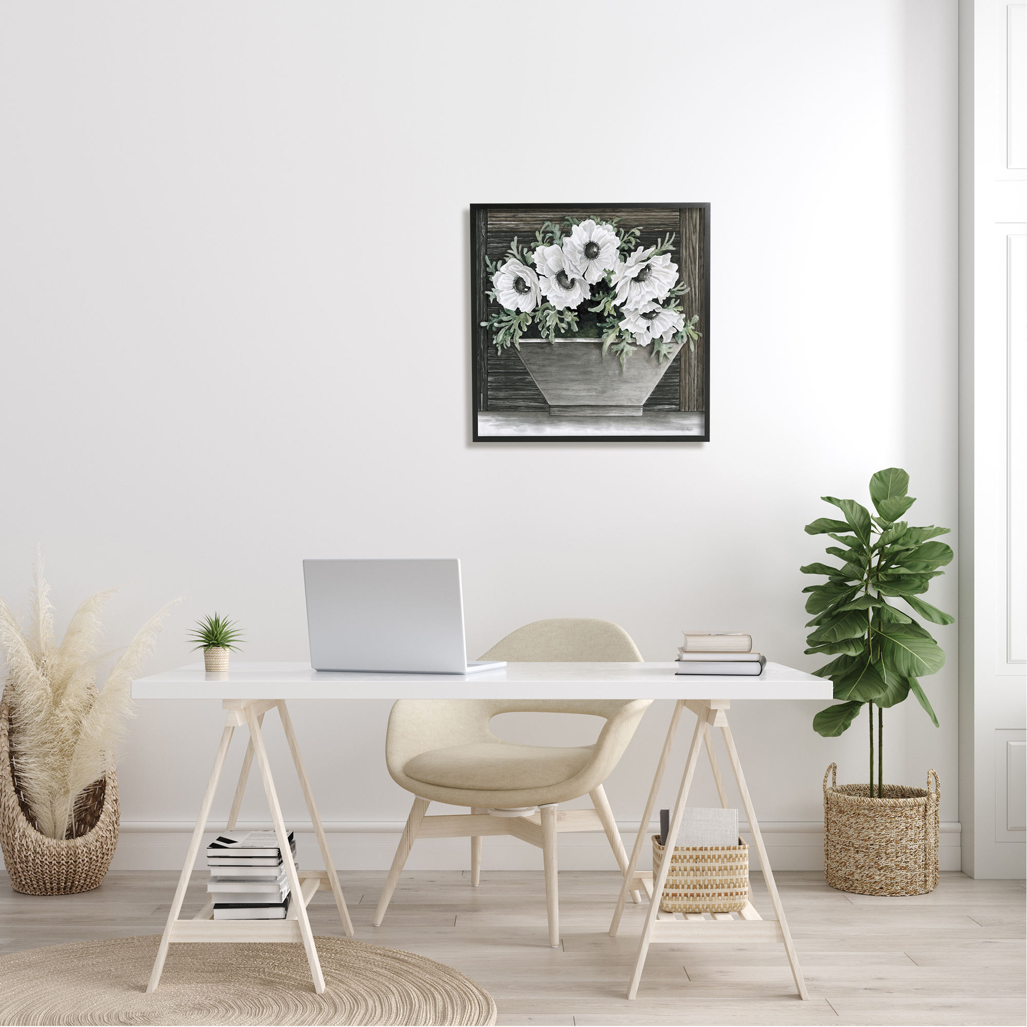 Stupell Industries Rustic White Anemone Flower Blossoms Overhanging Planter Painting Black Framed Art Print Wall Art, Design by Cindy Jacobs