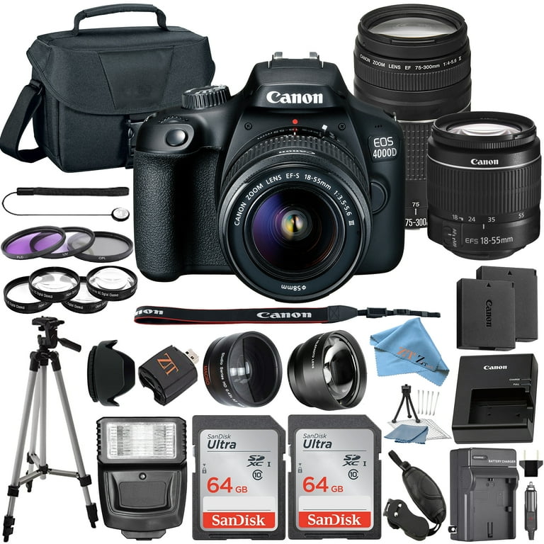 Canon EOS 4000D / Rebel T100 DSLR Camera Bundle with 18-55mm + 75-300mm + 2 Pcs SanDisk 64GB Cards + Tripod + Deluxe Camera Case + Flash + ZeeTech Accessory Kit - Walmart.com