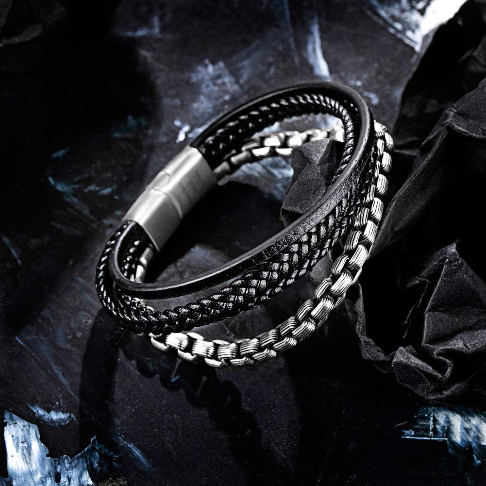 murtoo Mens Bracelet Leather and Steel, Stainless Steel Chain and Leather Bracelets for Men, Wristband Gift for Husband Boyfriend Father