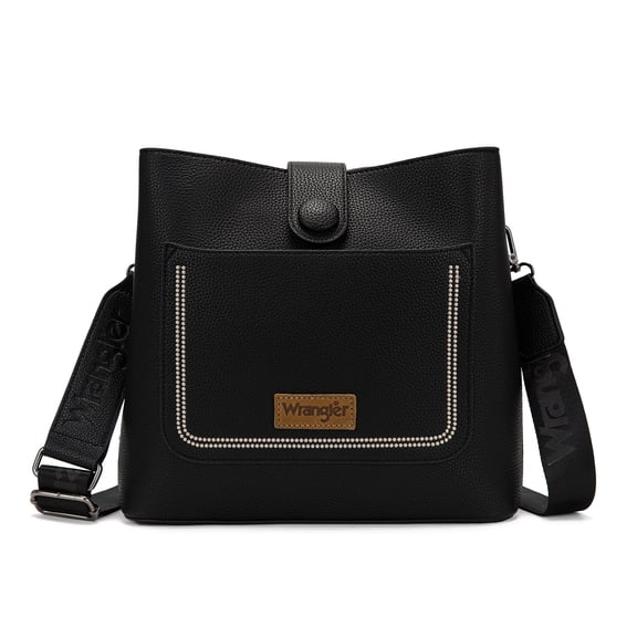 Wrangler Western Women Crossbody Bucket Purse Large Leather Shoulder Bag with Adjustable Strap, Black