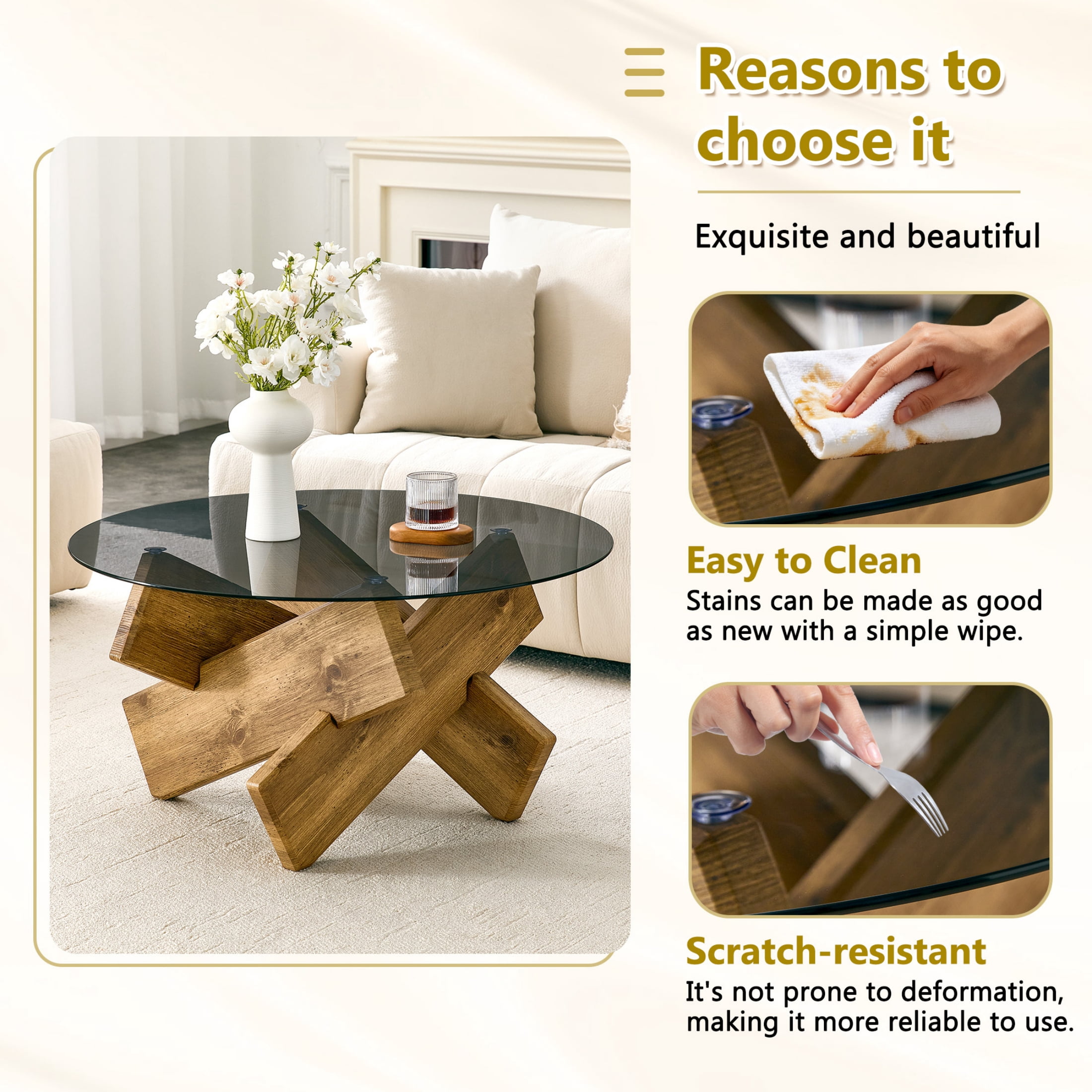 Vinform Round Coffee Table for Living Room, Gray Glass, Natural Wood
