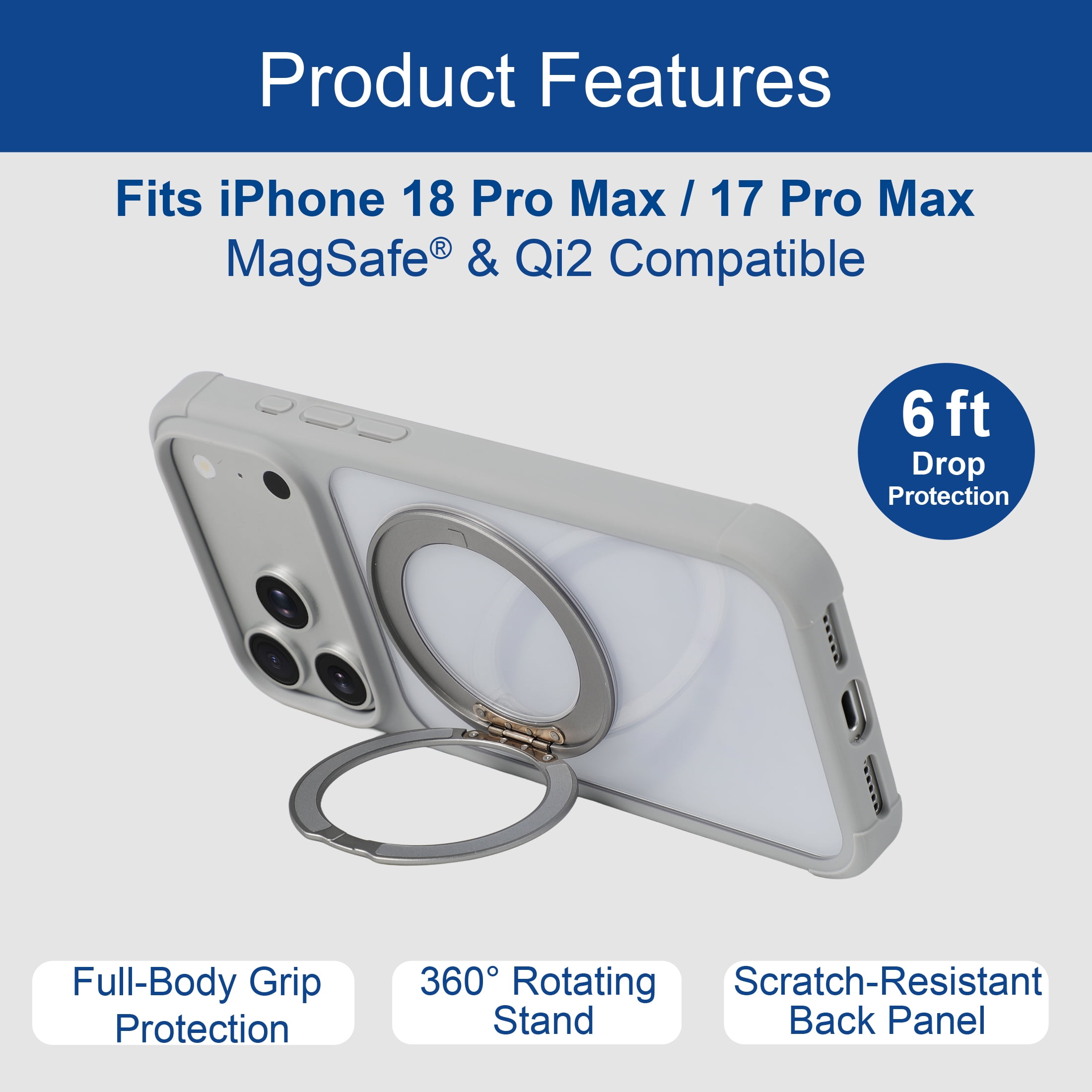 onn iPhone 18 Pro Max and iPhone 17 Pro Max Bumper Cell Phone Case with MagSafe & 360 Ring Kickstand, Clear