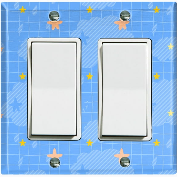 Metal Light Switch Wall Plate Outlet Cover (Sky Cloud Stars Rain Drops Check Pattern - Double Rocker)