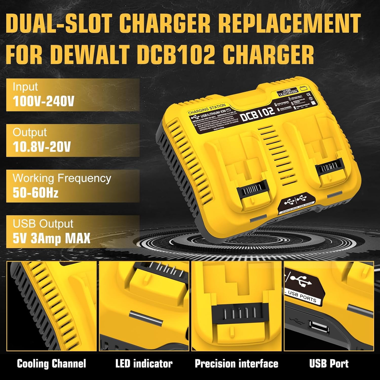 Dual Port Charger Replacement for De-Walt 12/20V MAX Battery Charger DCB102, Compatible with 20v 12v 60v Battery DCB120 DCB126 DCB208 DCB201 DCB609 DCB606