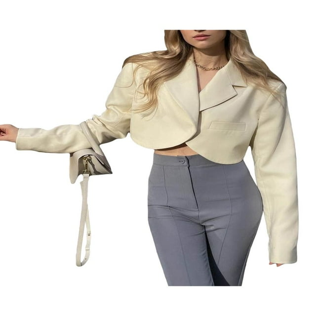 Blazer pour Femmes Veste à Manches Longues Col à Revers Ope Front Uni Automne Décontracté Crop Top