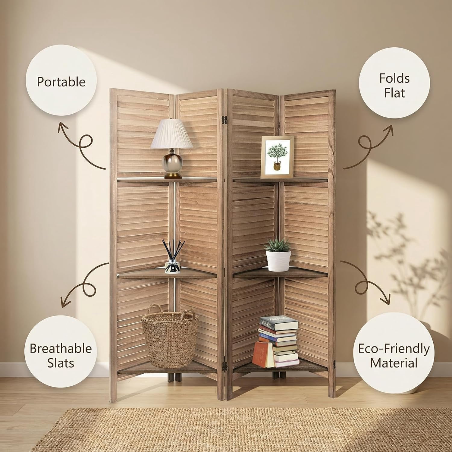 4 Panel Bamboo Room Divider with Shelves, Lightweight Privacy Screen for Bedroom Home Office, No Assembly Required