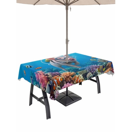 Outdoor Tablecloths with Umbrella Hole & Zipper Funny Diving Pig Rectangle Tablecloth 52x70 Inch Ocean Sea Coastal Coral Fish Marine Life Waterproof Table Cloth Patio/Pool/Picnic Table Covers