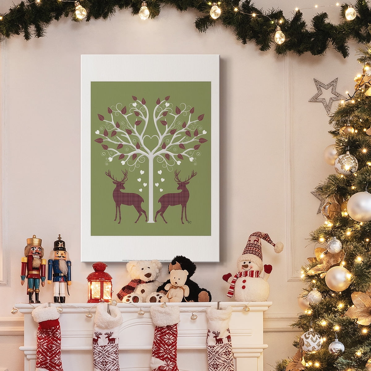 Christmas Des - Deer and Heart Tree, Pink On Green- Gallery Wrapped Canvas