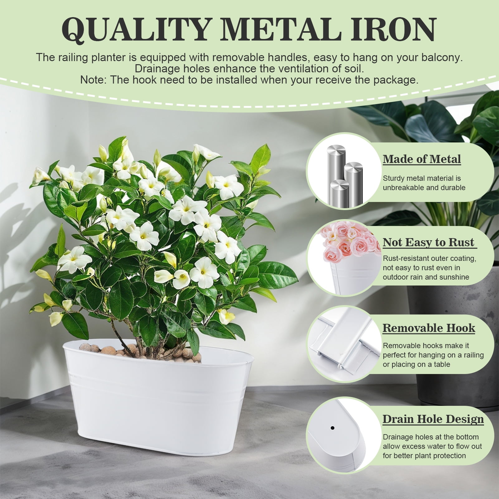 urorentea 3Pcs Metal Hanging Flower Pots for Outdoor Plants, Iron Railing Planter with Detachable Hooks and Drain Holes, Hanging Pots Fence Planters for Railing Garden Fence Balcony (white)