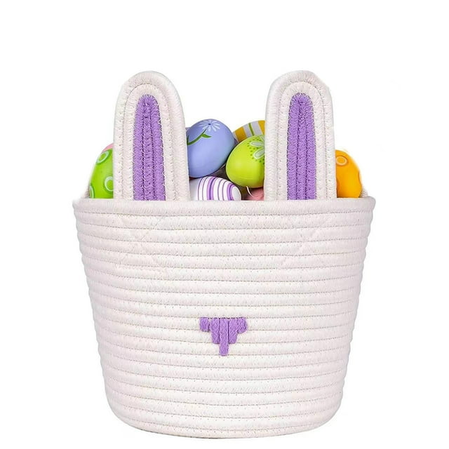 Canasta de Pascua, Tarjeta de Madera Personalizada, Cuerda de Algodón Artesanal, Almacenamiento, Versatilidad Decorativa para Habitación, Regalo de Pascua, Divertida Actividad Familiar, Canasta Vacuu