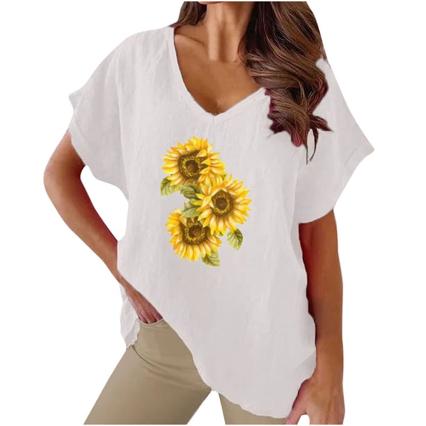 Camiseta de Manga Corta con Cuello en V con Impresión de Girasol, Algodón Casual Y Top de Cáñamo
