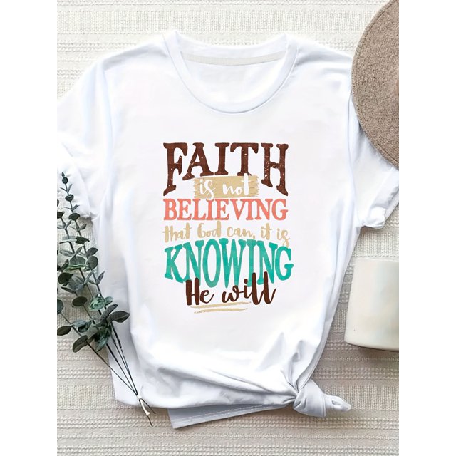 Women'S Casual Crew Neck T-Shirt with "Faith, Believing, Knowing" Print - Short Sleeve, All-Season, Lightweight, Comfort Fit, Everyday Tshirt | Casual | Comfortable Fit