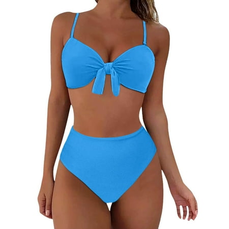 Linfrsh Womens Tummy Control Swimsuits High Waisted Bikini Sets Two Piece Cheeky Modest Swimsuits Cute String Bathing Suits(Purple M)