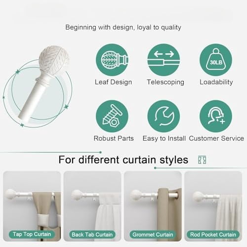 White Curtain Rods for Windows 66 to 120 Inch,1'' Diameter Drapery Rods with Leaf Pattern Finials,Boho Adjustable Heavy Duty Curtain Rods Set,36-120'',Antique White