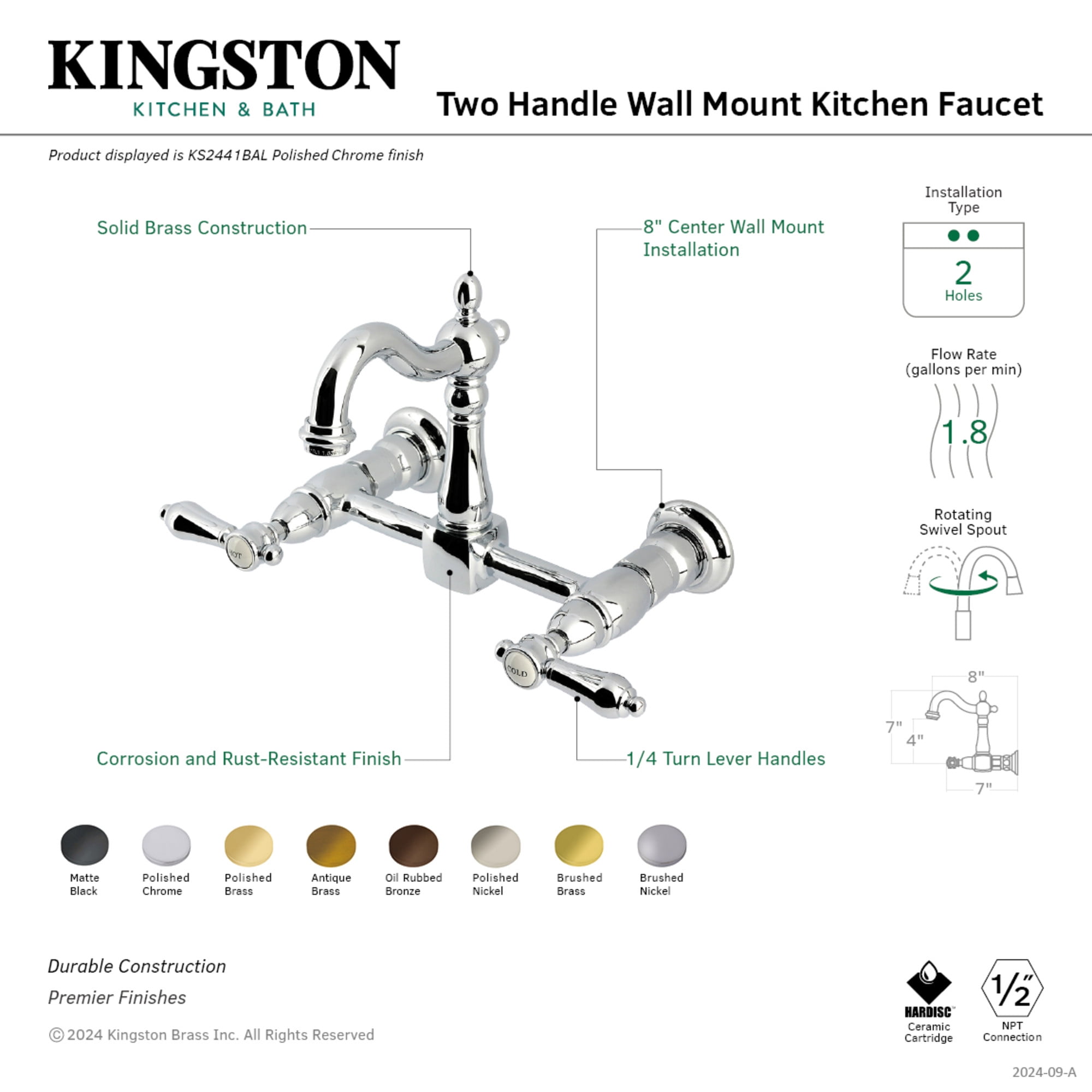 Kingston Brass KS2447BAL Heirloom Double-Handle Wall-Mount Bridge Kitchen Faucet, Brushed Brass