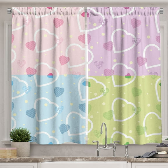 Ambesonne Valentine Kitchen Curtains, Hearts Dots Colorful, 55"x39", Multicolor